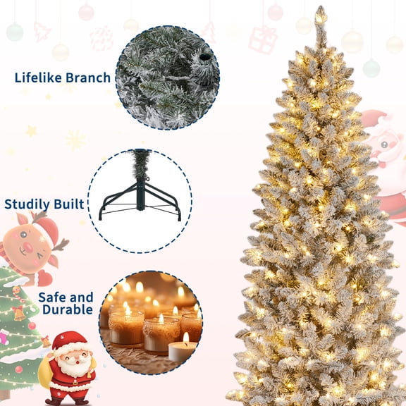 Christmas Tree,Pencil Artificial Tree with Prelit Branch Tips, Snow Flocked Slim Design, Warm White LED Lights & Foldable Stand, Easy Assembly for Home, Office, Apartment