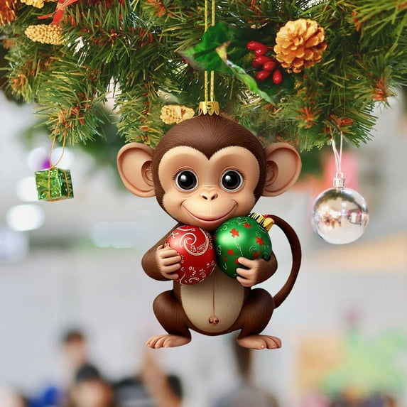 Christmas Tree Pendant - Monkey Holding Ornament - Unique Acrylic Decoration for Book Stacking and Yearly Celebrations