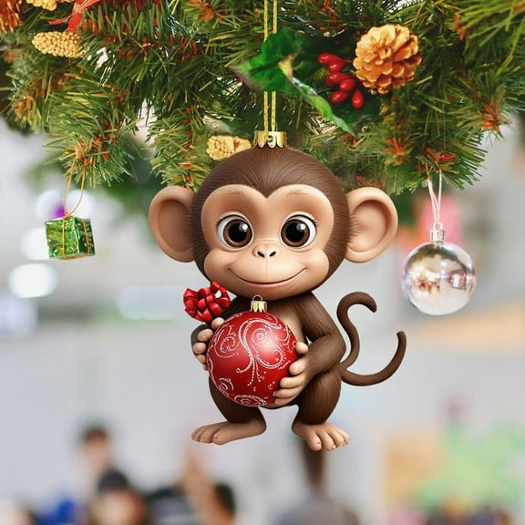 Christmas Tree Pendant - Monkey Holding Ornament - Unique Acrylic Decoration for Book Stacking and Yearly Celebrations