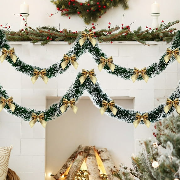 Christmas Tree Pendant Pull Flower Ribbon, 2 Meters Wool Strips Hanging Ornaments with Bowknots, Decorative Vines for Stair Railing and Fireplace, 200cm Length