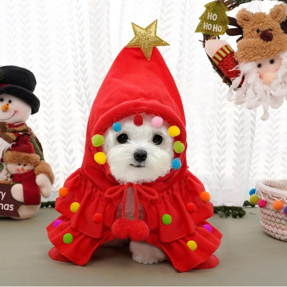 Christmas Tree Pet Cloak with Star Pompom Cape for Small Dogs Cats(Red/M)