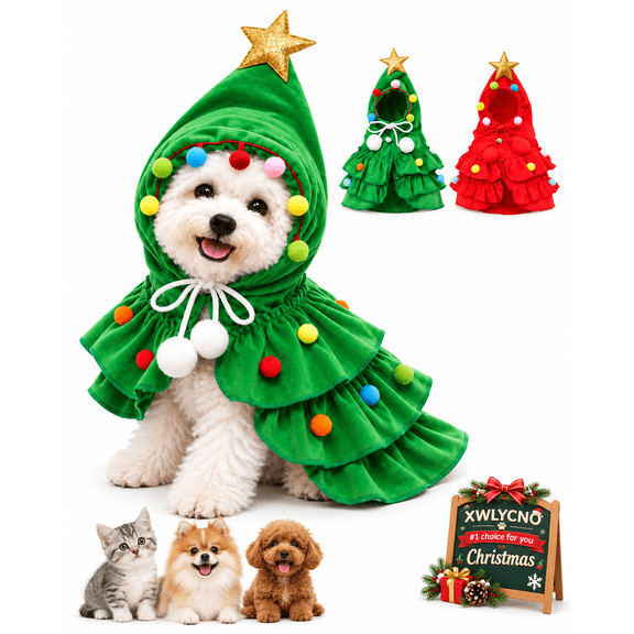 Christmas Tree Pet Costume Dog Outfit Xmas Cape Clothes for Cat Puppy Cloak Green Small Soft Fabric Holiday Hooded Cloak for Winter Parties Photoshoots Family Gatherings Adjustable Tie
