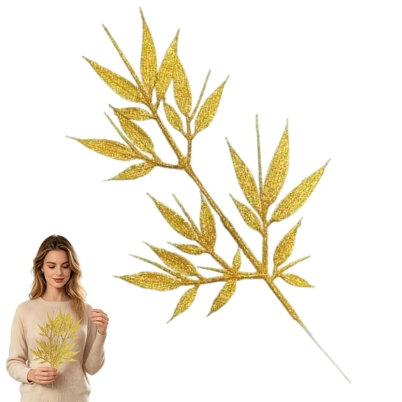 Christmas Tree Picks,Artificial Glitter Decorative Leaf Stems,Flexible Glitter Leaves Twig Sprays,Holiday Sparkle Faux Bamboo Leaf Branches,Suitable for Vase,Xmas Tree Decor,Centerpieces