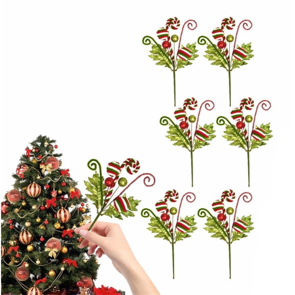 Christmas Tree Picks Decoration 6 Pcs,Red & Green Candy Branch Decorations,Xmas Candy Cane Ornaments,Curly Picks Spray Ornaments for Holiday,Curled Rattan Christmas Tree Decorations