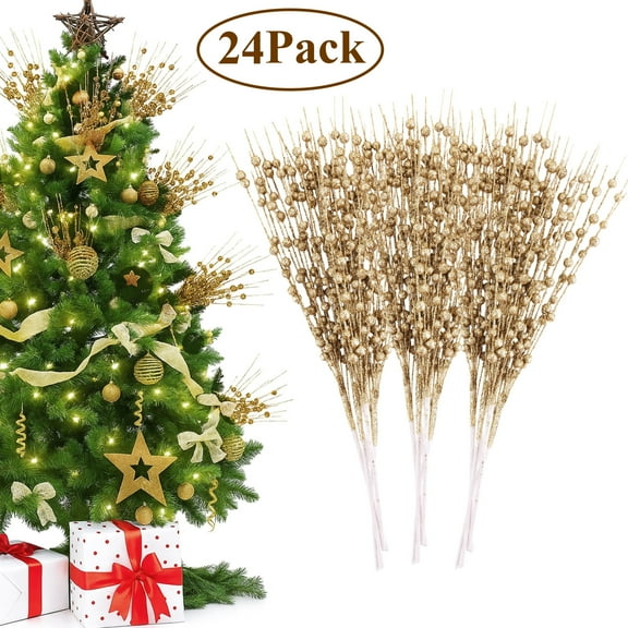 Remiawy 24 Pcs Christmas Tree Picks , 17 Inch Christmas Tree Filler Decorations, Christmas Glitter Berry Stem Ornaments, Decorative Branches for Xmas Tree Wreath Crafts Home Decor, Gold