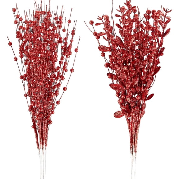 Christmas Tree Picks Ornaments Tutuviw 16 Pcs 17 in Artificial Glitter Berry Stem Glittery Twigs, Picks, Branches Ornaments for Christmas Tree Decorations Small Vase Wedding Party Decorations (Red)