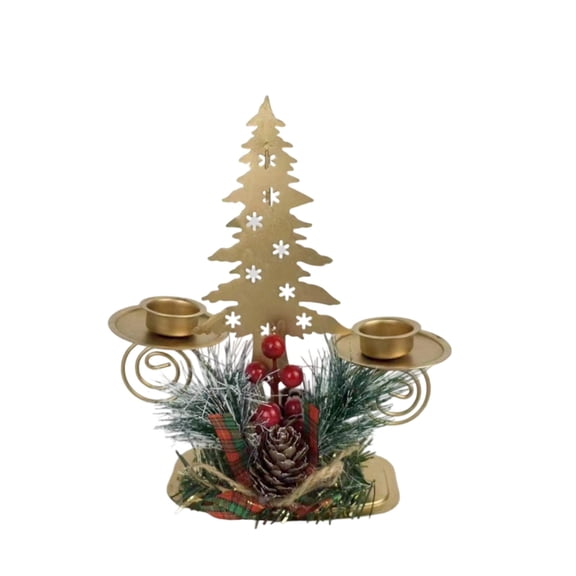 Christmas Tree Pillar Candle Holder with Red Berry & Pine Nut, 2 Arm Metal Candle Holder for Holiday Desktop Decoration