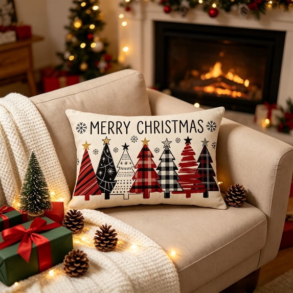 Christmas Tree Pillow Covers 12x20, Merry Christmas Throw Pillows, Soft Seasonal Cushion Covers, Winter Holiday Decoration for Home Couch Farmhouse(A)
