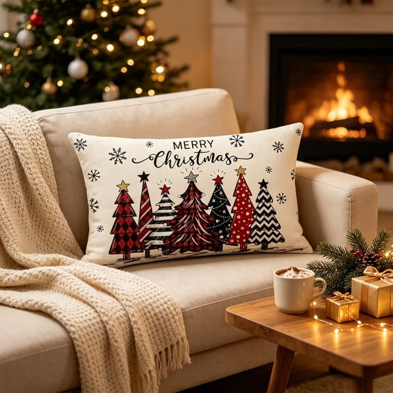 Christmas Tree Pillow Covers 12x20, Merry Christmas Throw Pillows, Soft Seasonal Cushion Covers, Winter Holiday Decoration for Home Couch Farmhouse(B)