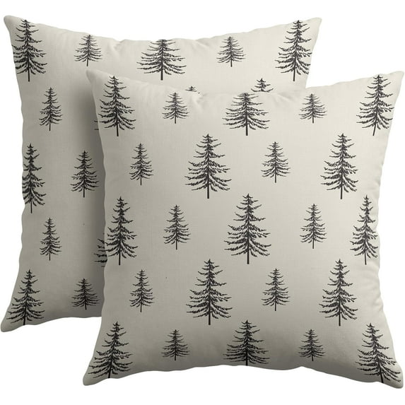 Christmas Tree Pillow Covers 16x16 Set of 2 Black Xmas Vintage Winter Print Decorative Outdoor Linen Zipper Throw Pillows Cases Cushion Cover Rustic Holiday Decoration Farmhouse Sofa Couch Bed Decor