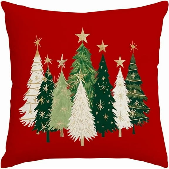 Christmas Tree Pillow Covers 18x18 Inch,Watercolor Xmas Winter Decor Stars Red Holiday Cushion Case Decoration for Home Sofa Couch(Red, 18" x 18" (Pack of 1))