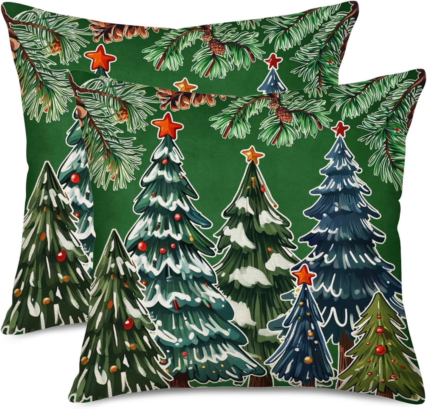 Christmas Tree Pillow Covers 18x18 Set of 2 Green Xmas Tree Winter Snow ...