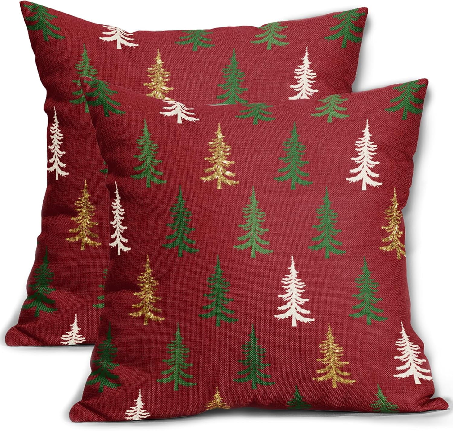 Christmas Tree Pillow Covers 18x18 Set of 2 Red Xmas Rustic Style Winter Print Decorative Outdoor Pillowcases Farmhouse Vintage Holiday Decorations Throw Cushion Case Decor for Couch Sofa Bed