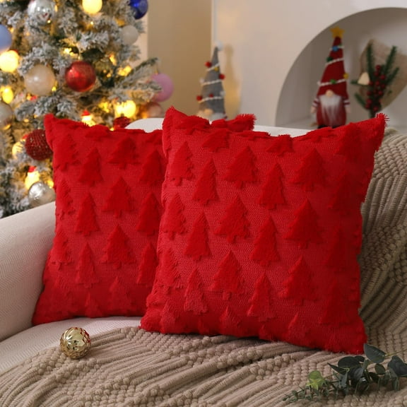 Christmas Tree Pillow Covers 18x18 inch Set of 2 Christmas Decoration Beige Soft Plush Faux Fur Jacquard Throw Pillows for Bedroom Sofa Holiday Festivals Winter Home Decor PTK006C18