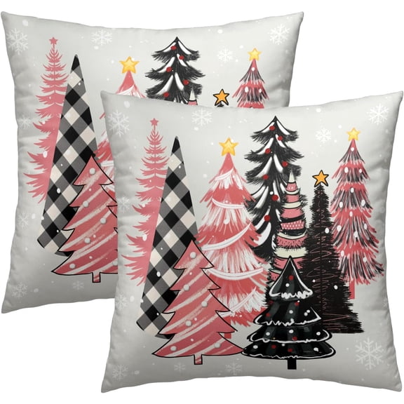 Christmas Tree Pillow Covers 20x20, Set of 2 Xmas Pine Trees Pink Black Plaid Snowflakes Winter Decorative Pillowcases Square Cushion Cover for Sofa Couch Bed Home Car