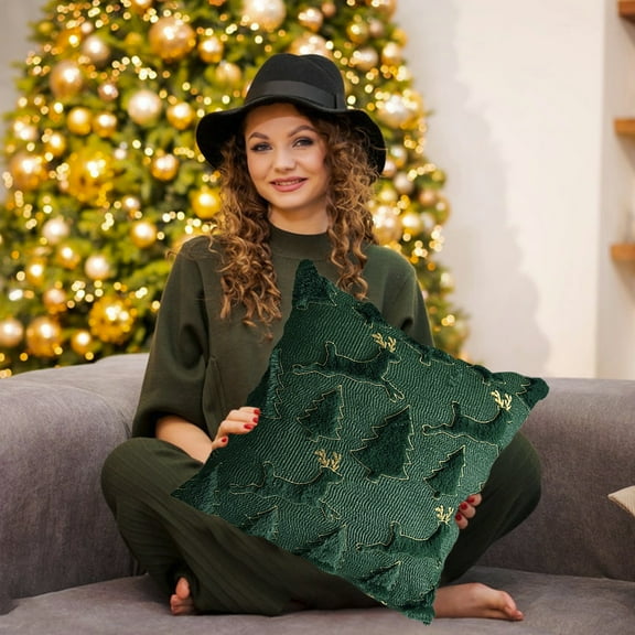 Christmas Tree Pillow Covers Set of 2, 18x18 Inch Embroidered Green Holiday Decor for Couch, Sofa, Living Room - Soft Polyester Christmas Decorative Pillow Cases Green