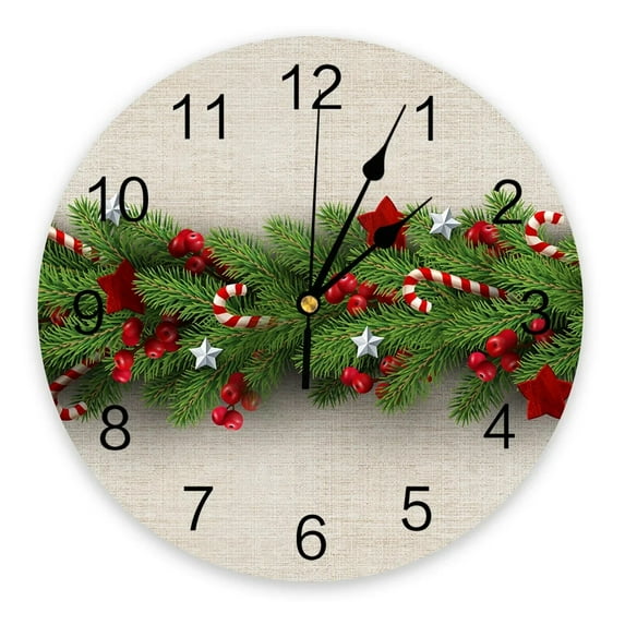 Christmas Tree Pine Needles Candy Bow Round Wall Clock Modern Design Kitchen Hanging Watch Home Decor Silent Wall Watch(12 Inch)