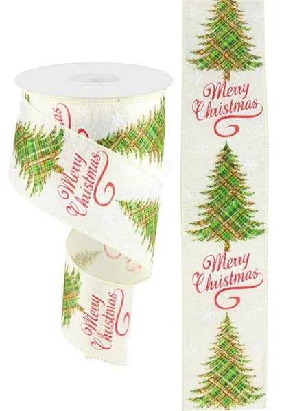 Christmas Tree Pine Vintage Rustic Flocked Xmas Holiday Canvas Wired Edge Ribbon : Beige Natural, Red, Green, Ivory - 2.5" x 10 Yards (30 Feet)