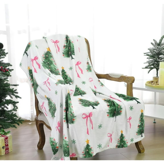 Christmas Tree Pink Bows Flannel Blanket Soft Warm Cute Christmas Throw Blanket Cozy Coquette Gift for Women Girls Sofa Couch Travel Bed Home Decoration