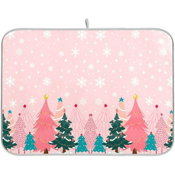 Christmas Tree Pink Dish Drying Mat for Kitchen Countertop 16x18 Winter Snowflake White Xmas Small Drying Mat Reusable Quick Dry Dish Sink Mats Easy Clean Decorative Essentials