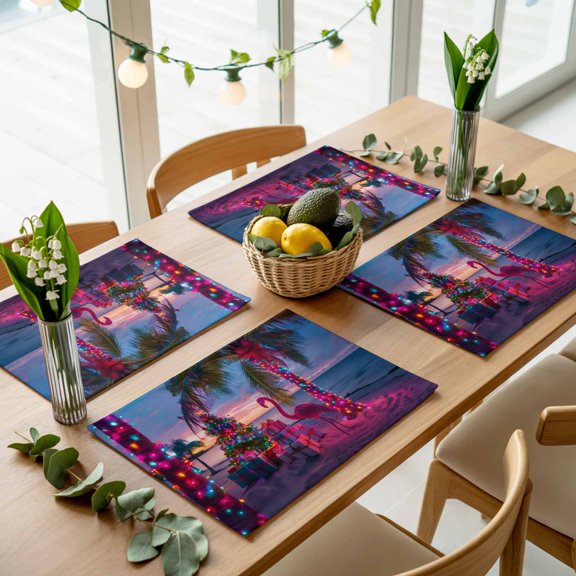 Christmas Tree Pink Flamingo Placemats Set of 4,Wipeable Washable Table Mats for Dining Tables, Winter Beach Sunset Scenery Place Mats for Kitchen Event Party Tabletop Decor