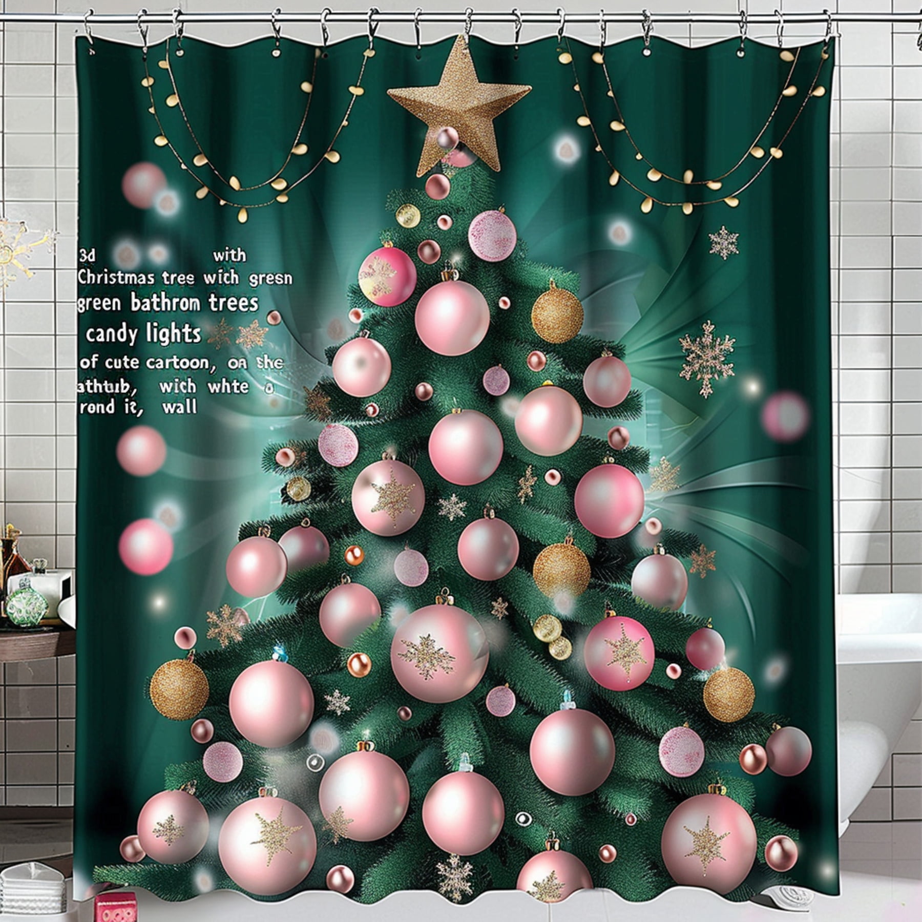 Christmas Tree Pink Gold Bathroom Shower Curtain with Candy Cane