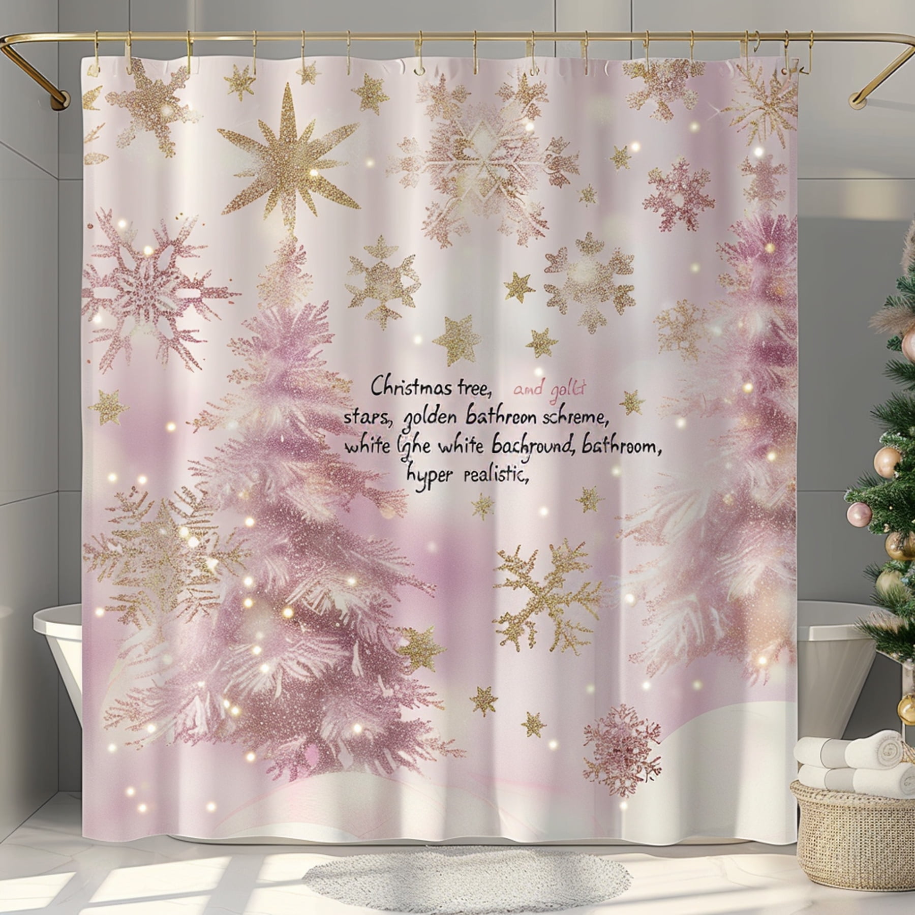 Christmas Tree Pink and Gold Glitter Snowflakes Shower Curtain with