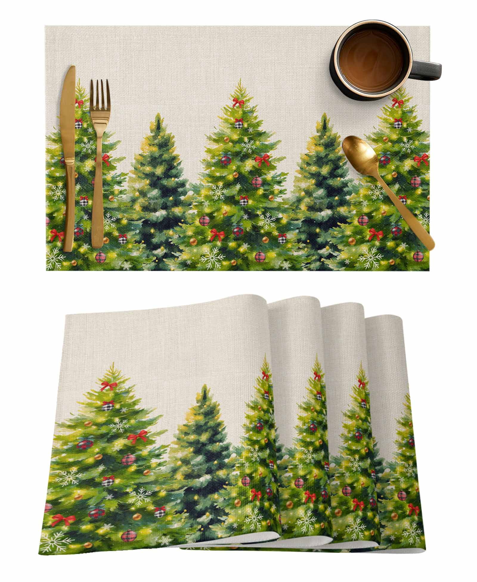 Christmas Tree Placemats Set of 12 Winter Trees Bow Snowflake Vintage ...