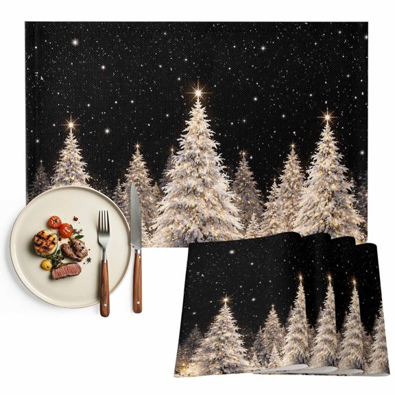 Christmas Tree Placemats Set of 2, Xmas Glitter Pine Trees Winter Forest Black Washable Wipeable Table Mats for Dining Tables, Indoor Outdoor Kitchen Place Mats for Holiday Party Table Decor