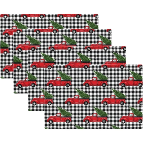 Christmas Tree Placemats Set of 4,Christmas Red Truck 12x18 Inch Non-Slip Washable Heat Resistant Linen Fabric Table Mats,Place Mats for Holiday Party