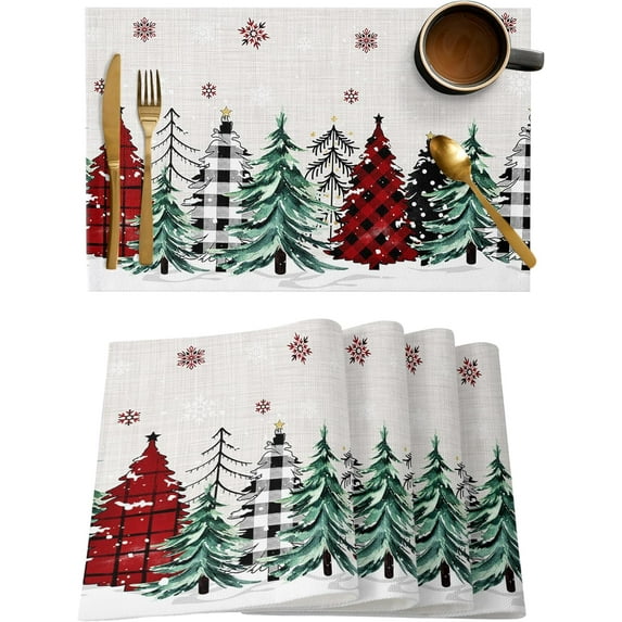 Christmas Tree Placemats Set of 4,Non Slip Washable Farmhouse Trees Table Mats Set Snowflake Winter Table Placemats for Kitchen Dining Table,Wedding Holiday Party Christmas Decoration