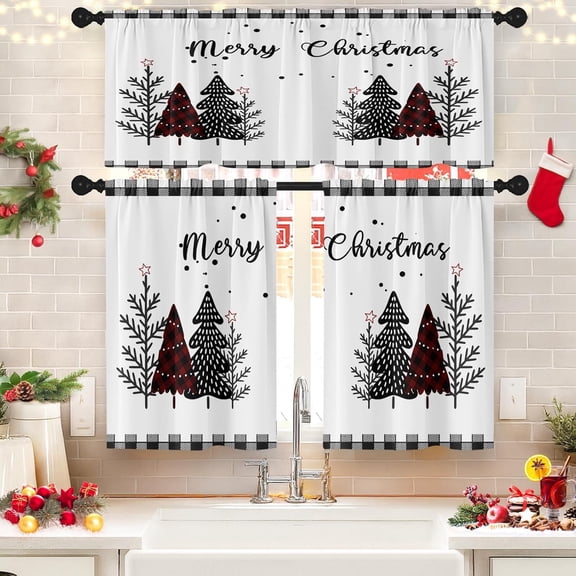 Christmas Tree Plaid Kitchen Curtains with Valance and Tier Sets 36 Inch, 3 Pieces Leaf Pine Black Rod Pocket Drapes Window Treatment Curtains for Kitchen Over Sink Bed Room Decor