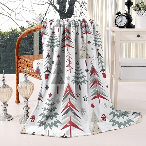 Christmas Tree Plaid Throw Blanket Flannel, 50x60 Inch Green Red Holiday Blanket - Cozy Fir Tree Design for Sofa Decor and Bed