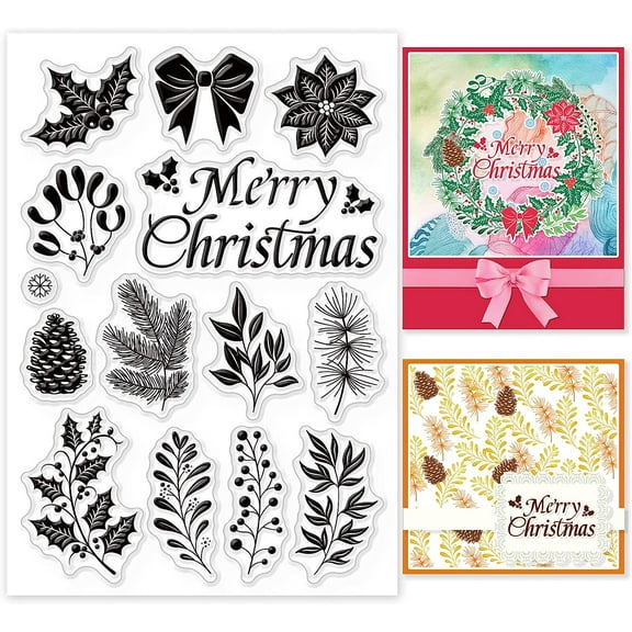 Christmas Tree Plant Silicone Clear Stamp Holly Pine Cones Transparent Silicone Stamp Mistletoe Poinsettia Rubber Stamp for DIY