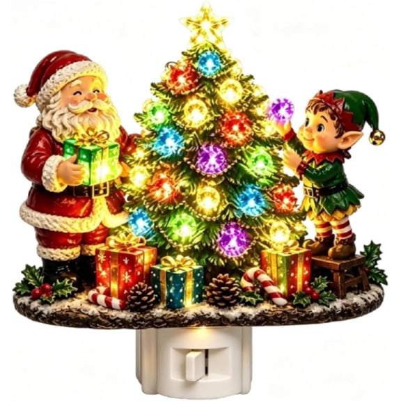 Christmas Tree Plug-in Night Light, Santa & Elf Holiday Wall Decor Multicolor LED Christmas scene with Santa, elf and jeweled tree; plugs into a standard outlet for festive indoor decor.
