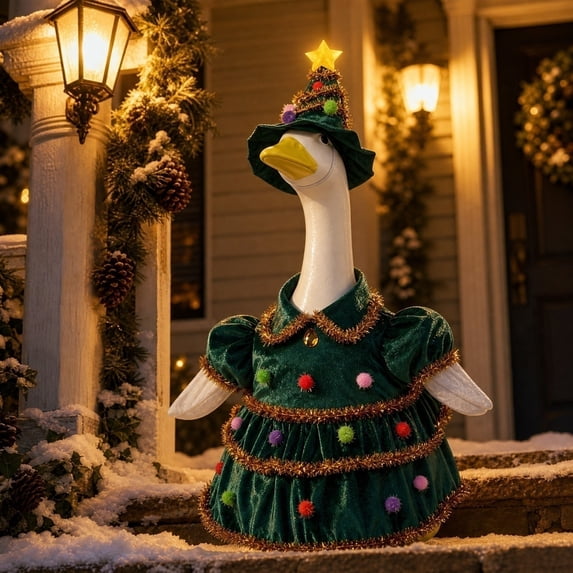 Christmas Tree Porch Goose Outfit, Fun Tree‑Shaped Winter‑Festive Costume Kit, Creative Holiday Outfit Accessories Suitable for 23 Inch Large Porch Goose Statue, Xmas Holiday Gift