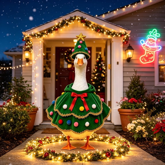 Christmas Tree Porch Goose Outfit, Lawn Goose Statue Xmas Tree Skirt Costume with Bow and Pom-pom, Green Christmas Garden Goose Clothes Dress and Hat for 23" High Statue Holiday Patio Yard Decor