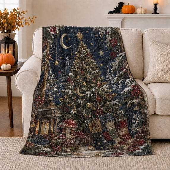 Christmas Tree with Presents and Lanterns, Cozy Winter Style for Holiday Lovers, Snowy Holiday Nook and Christmas Gift, Cozy Flannel Blanket for Family Room and Cabin, Home Decor