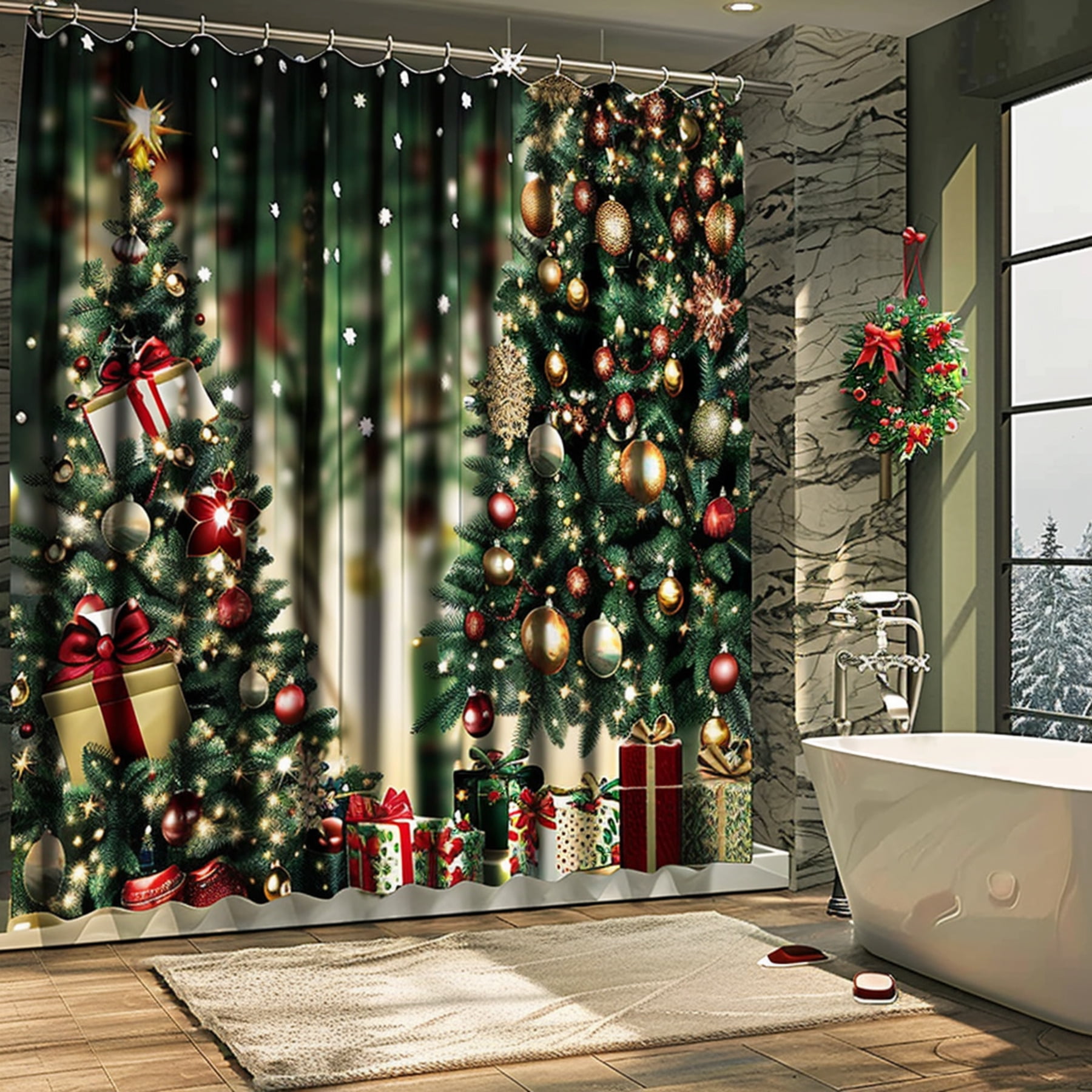 Christmas Tree & Presents Shower Curtain Green Red White Gold Hyper ...