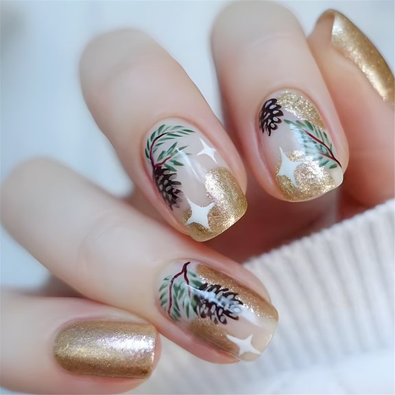 Christmas Tree Press On Nails Short Square False Nails Christmas Leaves on Nails Glittering Artificial Nails