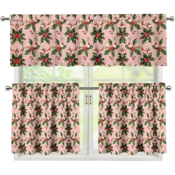 Christmas Tree Print 3 Piece Kitchen Curtains and Valances Set Rod Pocket Tier Curtains 24 Inch Length Insulation Small Curtains Short Curtains for Kitchen Bedroom Decoration