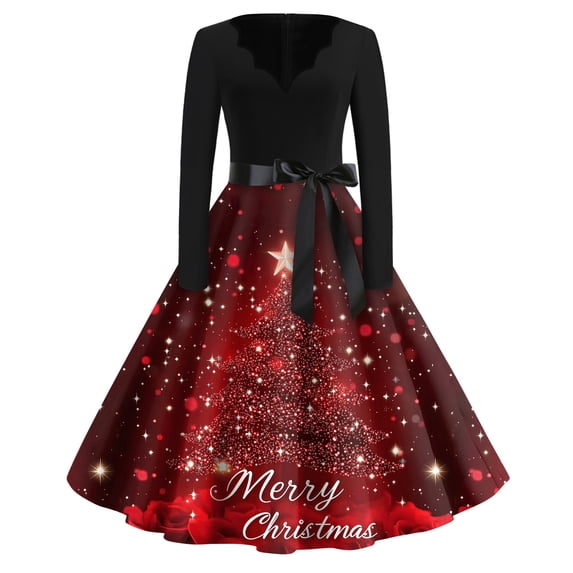 Vs Tree Christmas Tree Print Dress for Women Vintage V Neck Long Sleeve A Line ...