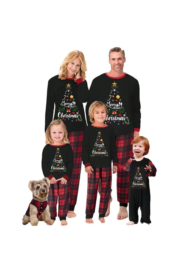 Christmas Tree Print Matching Family Pajama Sets with Soft Cotton Blend Fabric Featuring Red and Black Plaid Pants for Holiday Morning Photos Gift Exchanges Tree Decorating Parties Kids 100