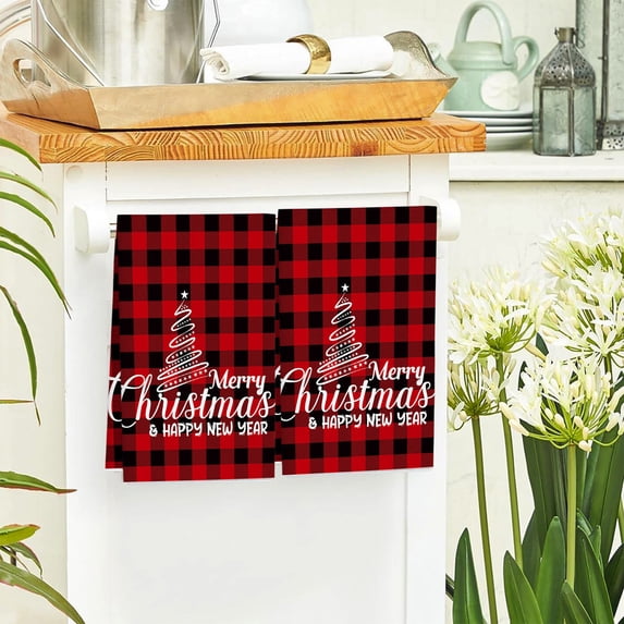 Christmas Tree Print Microfiber Towels - Set of 2 Kitchen Dish Cloths, Holiday Hand Towels for Bathroom & Tea Bar, Absorbent & Quick-Drying
