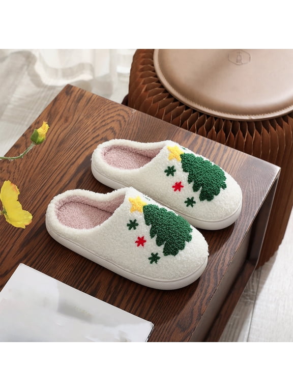 Christmas Tree Print Slippers for Women Men, Cute Cozy Fuzzy Slippers with Embroidered Tree, Warm Soft Plush Indoor Cotton Shoes