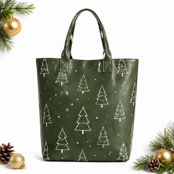 Christmas Tree Print Tote Bag, Green Holiday Handbag for Women, Large Reusable Shopping Shoulder Bag with Double Handles, Festive Winter Gift Carrier