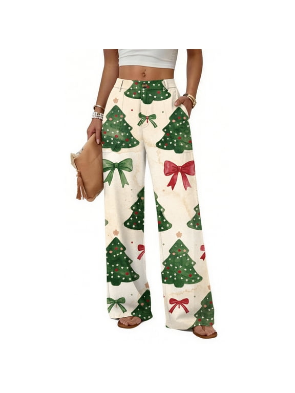 Christmas Tree Print Wide Leg Pants, Button Waist Casual Polyester Palazzo Pants with Pockets