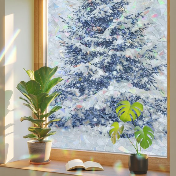 Christmas Tree Privacy Window Film, Decorative Stained Glass Window Film, Blue Tree Xmas Snowflake Winter Resuable Rainbow Static Cling for Home Bathroom Living Room Glass Door 23.6"x59"