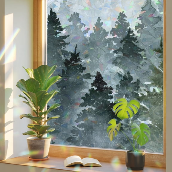 Christmas Tree Privacy Window Film, Decorative Stained Glass Window Film, Winter Snowflake Retro Green Forest Resuable Rainbow Static Cling for Home Bathroom Living Room Glass Door 17.7"x39.3"