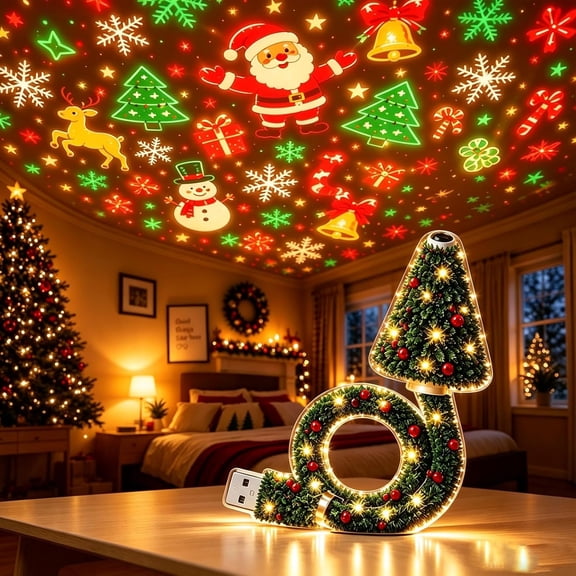 Christmas Tree Projection Night Light, Christmas Ceiling Projector, USB Powered Hd Christmas Scene Projector, Plug-In Flexible Tree Lamp, 6 Magical Light Effects for Instant Holiday Magic